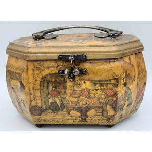 Vtg 1970s Artist Anton Pieck European Decoupage Wooden Box Red Velvet Lining